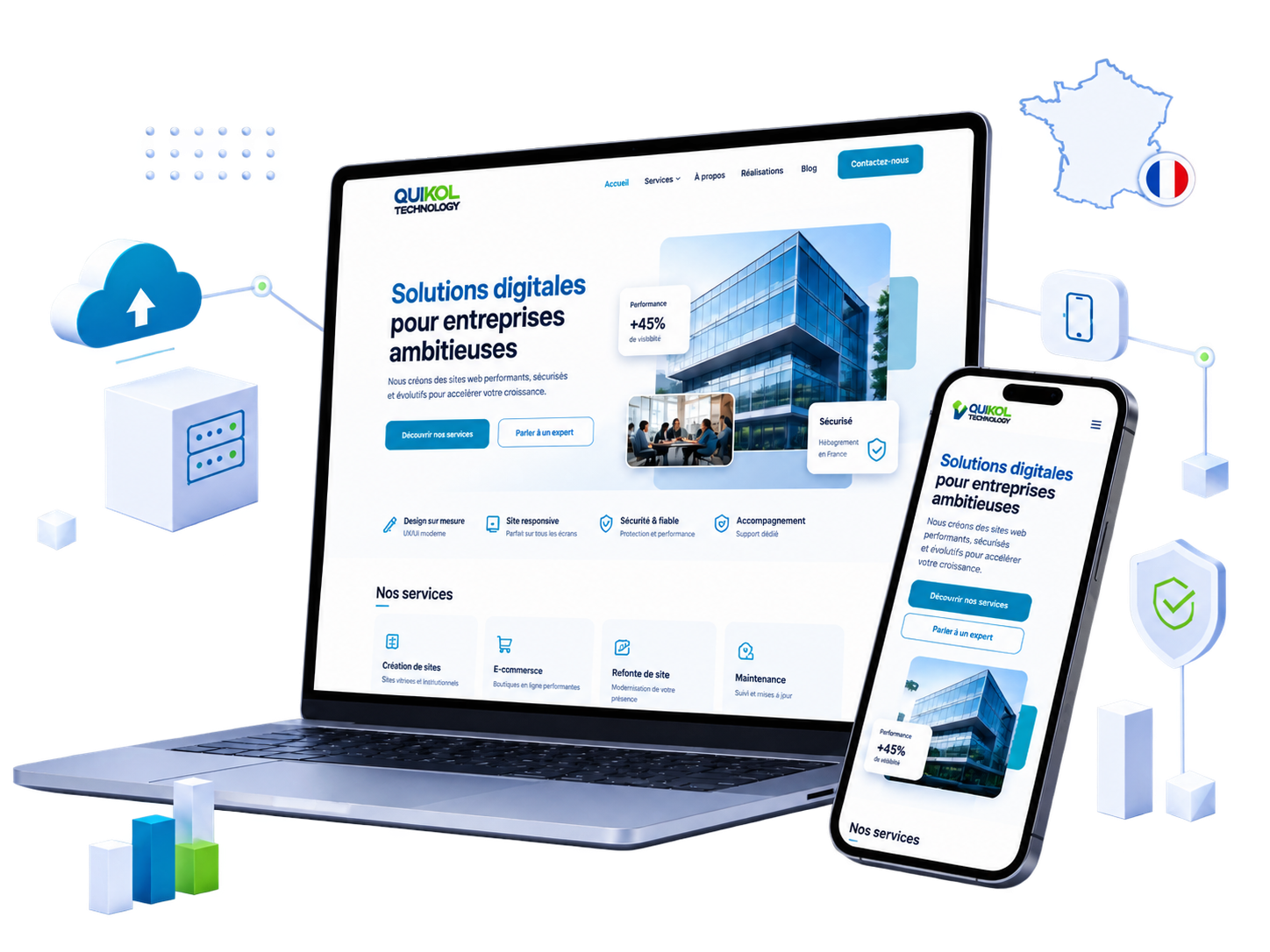 Maquette de site web responsive sur ordinateur et mobile